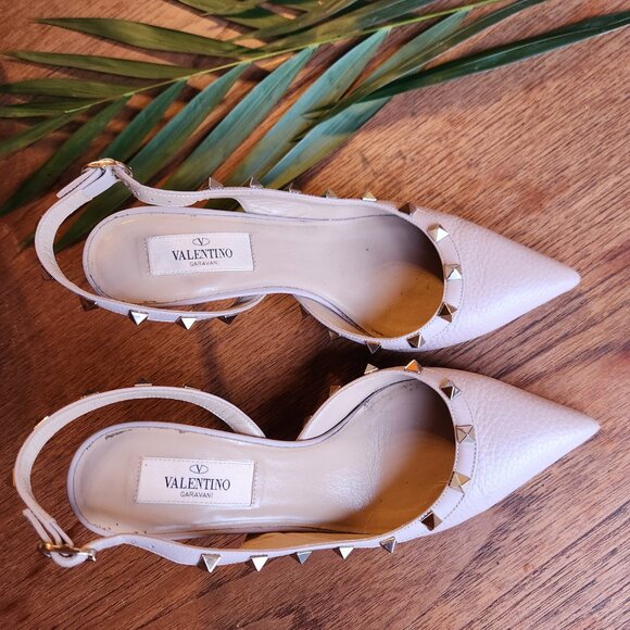 Valentino Blush Pink Leather Rockstud Embellished D'orsay Slingback Pumps - Picture 5 of 15